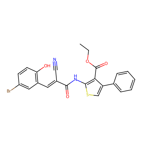 (E)-ethyl 2-(3-(5-bromo-2-hydroxyphenyl)-2-cyanoacrylamido)-4-phenylthiophene-3-carboxylate structure