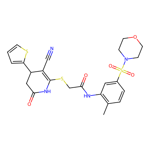 2-((3-cyano-6-oxo-4-(thiophen-2-yl)-1,4,5,6-tetrahydropyridin-2-yl)thio)-N-(2-methyl-5-(morpholinosulfonyl)phenyl)acetamide structure