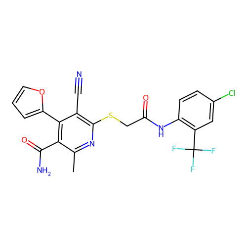 6-((2-((4-chloro-2-(trifluoromethyl)phenyl)amino)-2-oxoethyl)thio)-5-cyano-4-(furan-2-yl)-2-methylnicotinamide structure