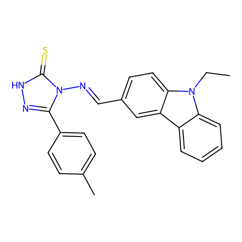 (E)-4-(((9-ethyl-9H-carbazol-3-yl)methylene)amino)-5-(p-tolyl)-4H-1,2,4-triazole-3-thiol structure