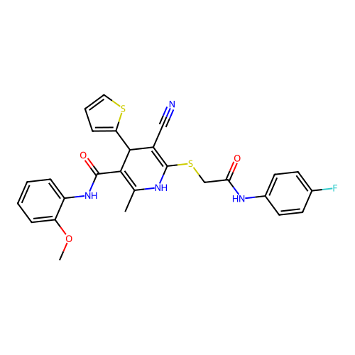 5-cyano-6-((2-((4-fluorophenyl)amino)-2-oxoethyl)thio)-N-(2-methoxyphenyl)-2-methyl-4-(thiophen-2-yl)-1,4-dihydropyridine-3-carboxamide structure