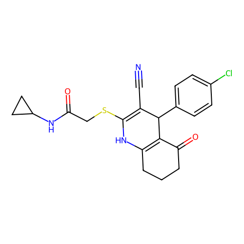 2-((4-(4-chlorophenyl)-3-cyano-5-oxo-1,4,5,6,7,8-hexahydroquinolin-2-yl)thio)-N-cyclopropylacetamide structure