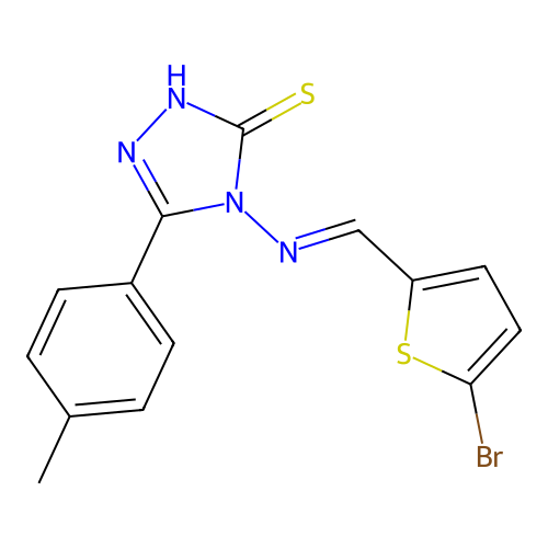 (E)-4-(((5-bromothiophen-2-yl)methylene)amino)-5-(p-tolyl)-4H-1,2,4-triazole-3-thiol structure