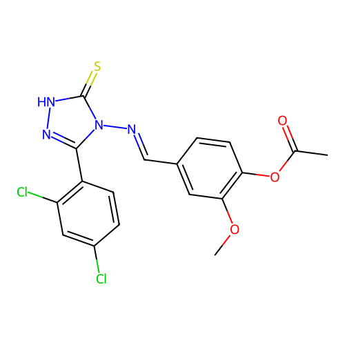 (E)-4-(((3-(2,4-dichlorophenyl)-5-mercapto-4H-1,2,4-triazol-4-yl)imino)methyl)-2-methoxyphenyl acetate structure