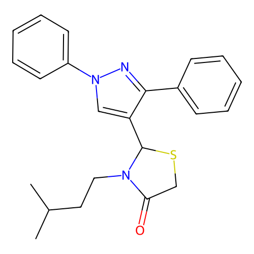 2-(1,3-Diphenylpyrazol-4-yl)-3-(3-methylbutyl)-1,3-thiazolidin-4-one structure