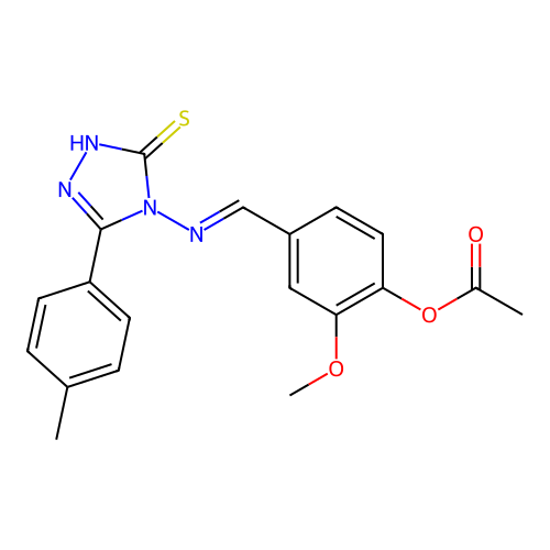 (E)-4-(((3-mercapto-5-(p-tolyl)-4H-1,2,4-triazol-4-yl)imino)methyl)-2-methoxyphenyl acetate structure