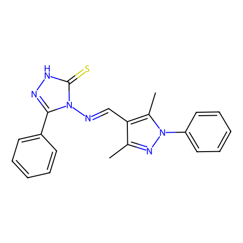 (E)-4-(((3,5-dimethyl-1-phenyl-1H-pyrazol-4-yl)methylene)amino)-5-phenyl-4H-1,2,4-triazole-3-thiol structure