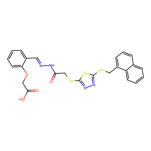 (E)-2-(2-((2-(2-((5-((naphthalen-1-ylmethyl)thio)-1,3,4-thiadiazol-2-yl)thio)acetyl)hydrazono)methyl)phenoxy)acetic acid structure