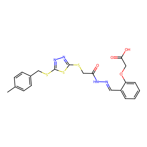 (E)-2-(2-((2-(2-((5-((4-methylbenzyl)thio)-1,3,4-thiadiazol-2-yl)thio)acetyl)hydrazono)methyl)phenoxy)acetic acid structure