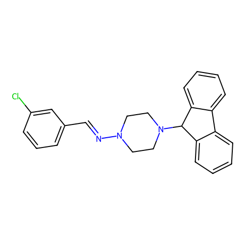 (E)-N-(3-chlorobenzylidene)-4-(9H-fluoren-9-yl)piperazin-1-amine structure