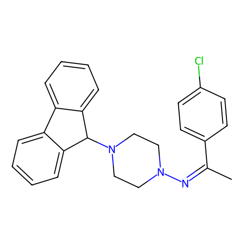 N-[(1Z)-1-(4-chlorophenyl)ethylidene]-4-(9H-fluoren-9-yl)piperazin-1-amine structure