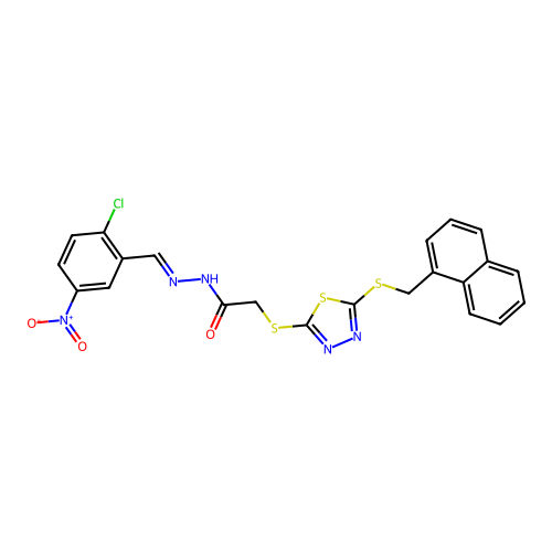 (E)-N'-(2-chloro-5-nitrobenzylidene)-2-((5-((naphthalen-1-ylmethyl)thio)-1,3,4-thiadiazol-2-yl)thio)acetohydrazide structure