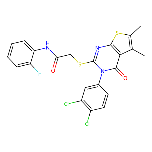 2-((3-(3,4-dichlorophenyl)-5,6-dimethyl-4-oxo-3,4-dihydrothieno[2,3-d]pyrimidin-2-yl)thio)-N-(2-fluorophenyl)acetamide structure