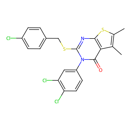 2-((4-chlorobenzyl)thio)-3-(3,4-dichlorophenyl)-5,6-dimethylthieno[2,3-d]pyrimidin-4(3H)-one structure