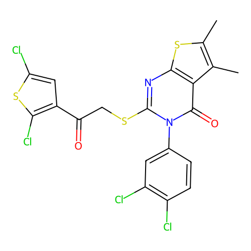 3-(3,4-dichlorophenyl)-2-((2-(2,5-dichlorothiophen-3-yl)-2-oxoethyl)thio)-5,6-dimethylthieno[2,3-d]pyrimidin-4(3H)-one structure