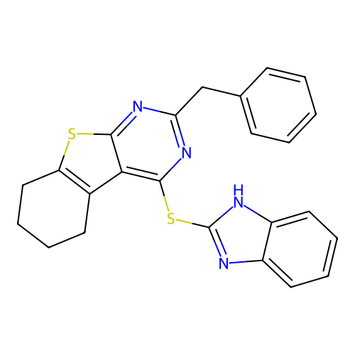 4-((1H-benzo[d]imidazol-2-yl)thio)-2-benzyl-5,6,7,8-tetrahydrobenzo[4,5]thieno[2,3-d]pyrimidine structure