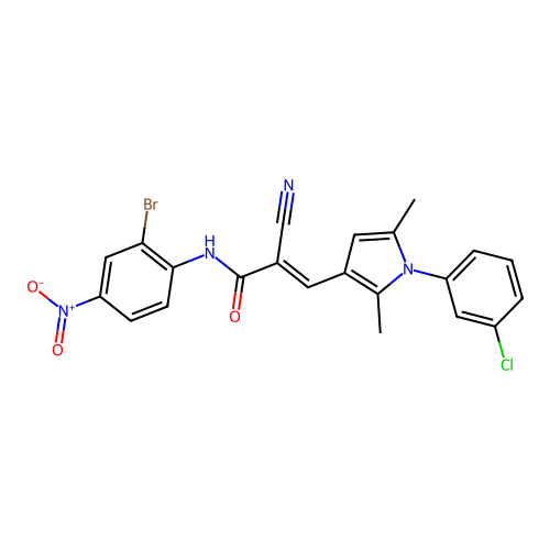 (E)-N-(2-bromo-4-nitrophenyl)-3-[1-(3-chlorophenyl)-2,5-dimethylpyrrol-3-yl]-2-cyanoprop-2-enamide structure