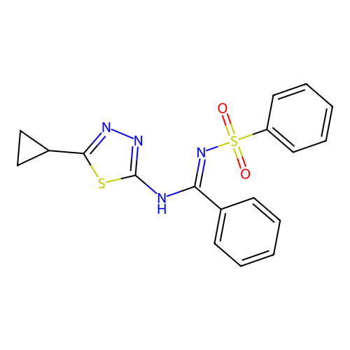 (E)-N-(5-cyclopropyl-1,3,4-thiadiazol-2-yl)-N'-(phenylsulfonyl)benzimidamide structure