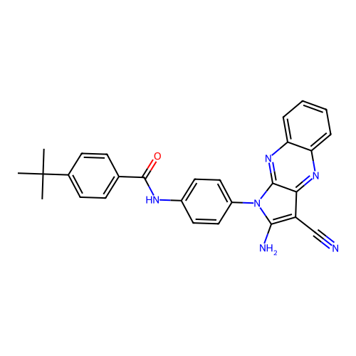N-(4-(2-amino-3-cyano-1H-pyrrolo[2,3-b]quinoxalin-1-yl)phenyl)-4-(tert-butyl)benzamide structure