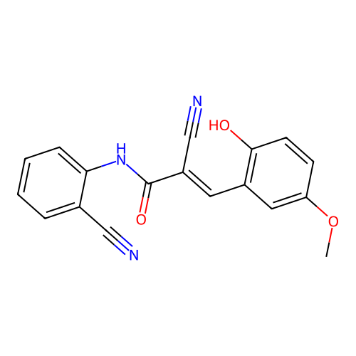 (2E)-2-cyano-N-(2-cyanophenyl)-3-(2-hydroxy-5-methoxyphenyl)prop-2-enamide structure