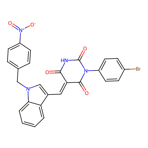 (5E)-1-(4-bromophenyl)-2-hydroxy-5-{[1-(4-nitrobenzyl)-1H-indol-3-yl]methylidene}pyrimidine-4,6(1H,5H)-dione structure