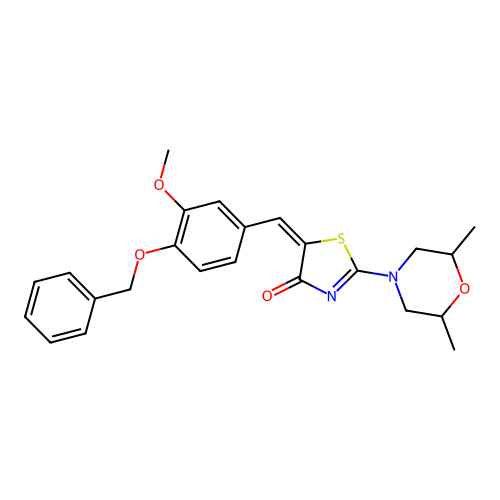 (5E)-2-(2,6-dimethylmorpholin-4-yl)-5-[(3-methoxy-4-phenylmethoxyphenyl)methylidene]-1,3-thiazol-4-one structure