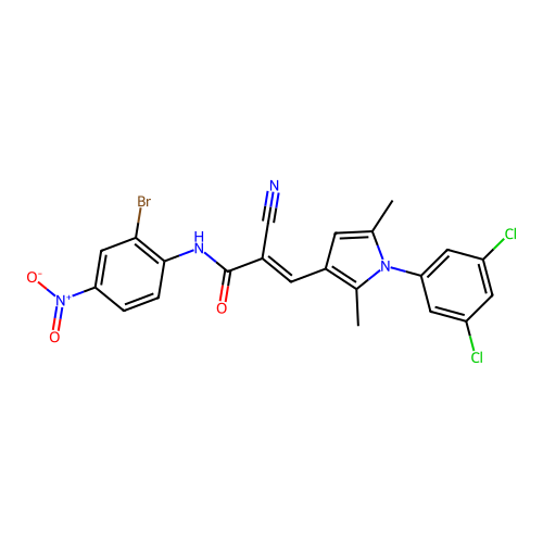(E)-N-(2-bromo-4-nitrophenyl)-2-cyano-3-[1-(3,5-dichlorophenyl)-2,5-dimethylpyrrol-3-yl]prop-2-enamide structure