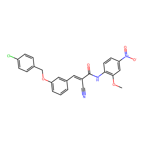 (E)-3-[3-[(4-chlorophenyl)methoxy]phenyl]-2-cyano-N-(2-methoxy-4-nitrophenyl)prop-2-enamide structure
