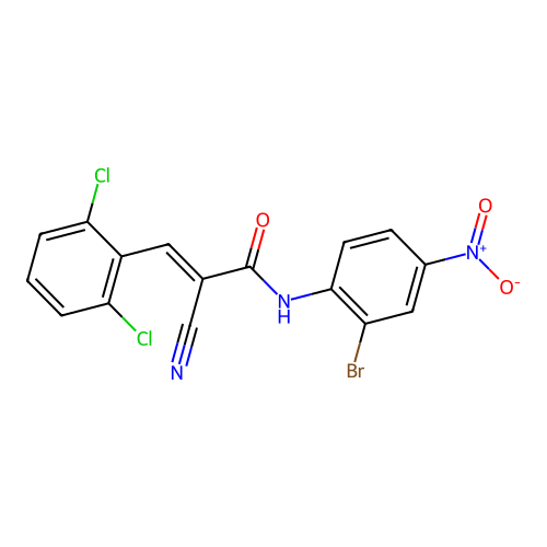 (E)-N-(2-bromo-4-nitrophenyl)-2-cyano-3-(2,6-dichlorophenyl)prop-2-enamide structure