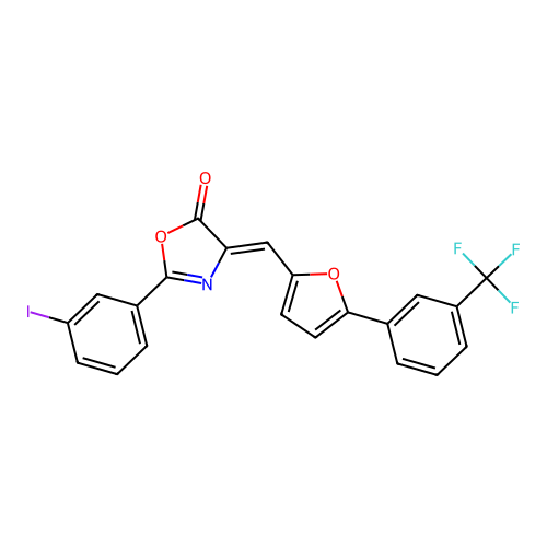 2-(3-iodophenyl)-4-[[5-[3-(trifluoromethyl)phenyl]-2-furyl]methylidene]-1,3-oxazol-5-one structure