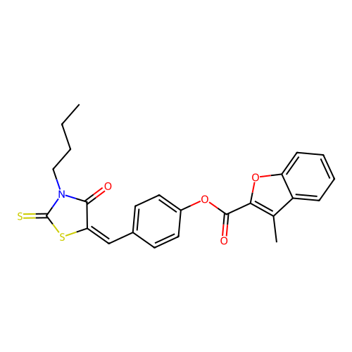 [4-[(E)-(3-butyl-4-oxo-2-sulfanylidene-1,3-thiazolidin-5-ylidene)methyl]phenyl] 3-methyl-1-benzofuran-2-carboxylate structure