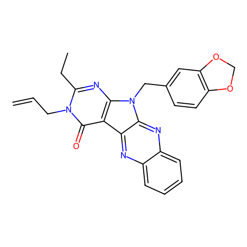 3-allyl-11-(benzo[d][1,3]dioxol-5-ylmethyl)-2-ethyl-3H-pyrimido[5',4':4,5]pyrrolo[2,3-b]quinoxalin-4(11H)-one structure