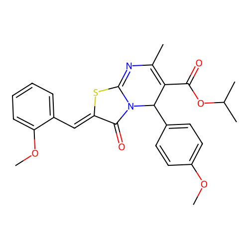 propan-2-yl (2Z)-5-(4-methoxyphenyl)-2-[(2-methoxyphenyl)methylidene]-7-methyl-3-oxo-5H-[1,3]thiazolo[3,2-a]pyrimidine-6-carboxylate structure