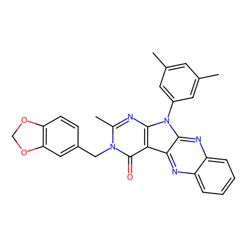 3-(benzo[d][1,3]dioxol-5-ylmethyl)-11-(3,5-dimethylphenyl)-2-methyl-3H-pyrimido[5',4':4,5]pyrrolo[2,3-b]quinoxalin-4(11H)-one structure