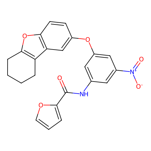 N-[3-nitro-5-(6,7,8,9-tetrahydrodibenzofuran-2-yloxy)phenyl]furan-2-carboxamide structure