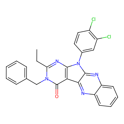 3-benzyl-11-(3,4-dichlorophenyl)-2-ethyl-3,11-dihydro-4H-pyrimido[5',4':4,5]pyrrolo[2,3-b]quinoxalin-4-one structure