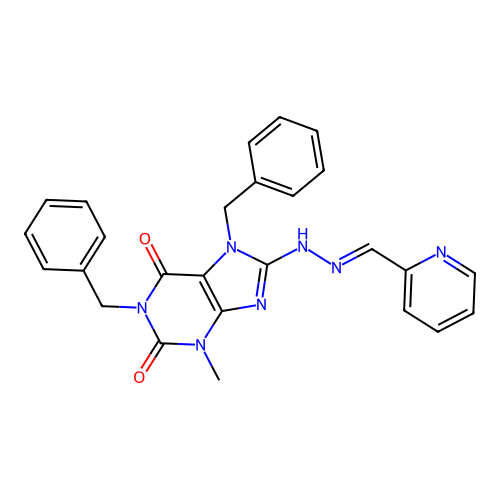 (E)-1,7-dibenzyl-3-methyl-8-(2-(pyridin-2-ylmethylene)hydrazinyl)-1H-purine-2,6(3H,7H)-dione structure