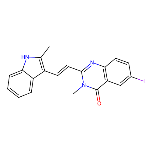 6-iodo-3-methyl-2-[(E)-2-(2-methyl-1H-indol-3-yl)ethenyl]quinazolin-4-one structure