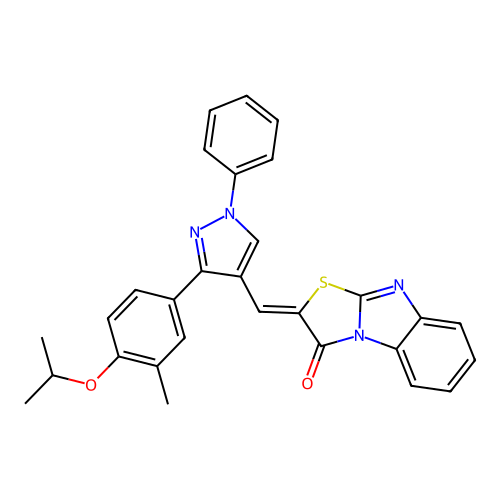 (2Z)-2-[[3-(3-methyl-4-propan-2-yloxyphenyl)-1-phenylpyrazol-4-yl]methylidene]-[1,3]thiazolo[3,2-a]benzimidazol-1-one structure