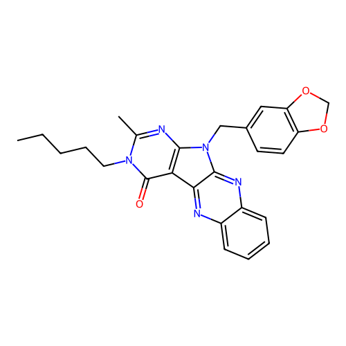 11-(benzo[d][1,3]dioxol-5-ylmethyl)-2-methyl-3-pentyl-3H-pyrimido[5',4':4,5]pyrrolo[2,3-b]quinoxalin-4(11H)-one structure
