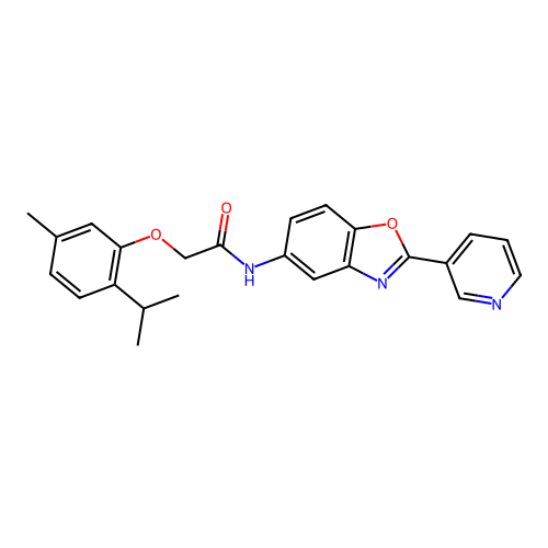 2-[5-methyl-2-(propan-2-yl)phenoxy]-N-[2-(pyridin-3-yl)-1,3-benzoxazol-5-yl]acetamide structure