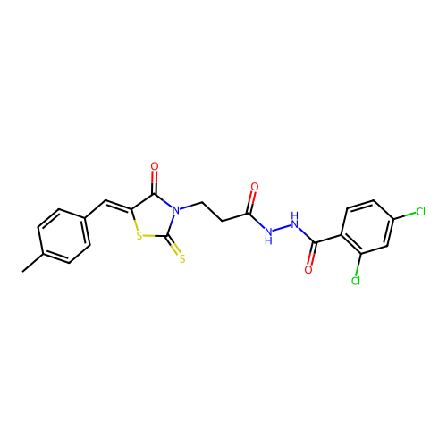 (Z)-2,4-dichloro-N'-(3-(5-(4-methylbenzylidene)-4-oxo-2-thioxothiazolidin-3-yl)propanoyl)benzohydrazide structure