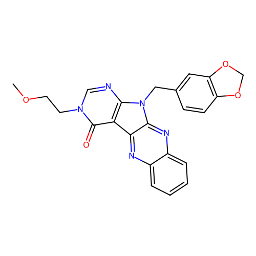 11-(benzo[d][1,3]dioxol-5-ylmethyl)-3-(2-methoxyethyl)-3H-pyrimido[5',4':4,5]pyrrolo[2,3-b]quinoxalin-4(11H)-one structure