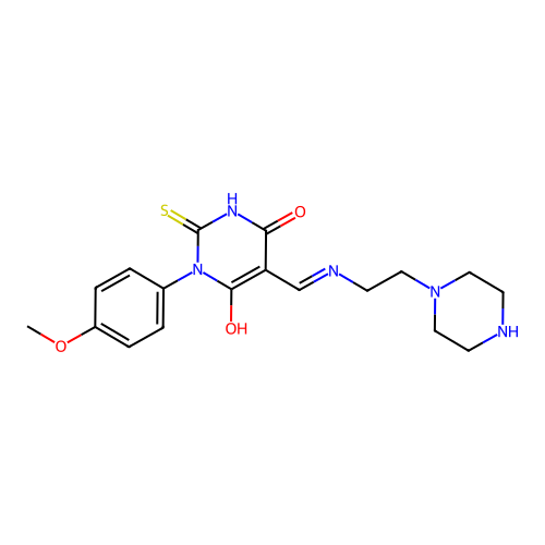 (5E)-1-(4-methoxyphenyl)-5-({[2-(piperazin-1-yl)ethyl]amino}methylidene)-2-sulfanylpyrimidine-4,6(1H,5H)-dione structure