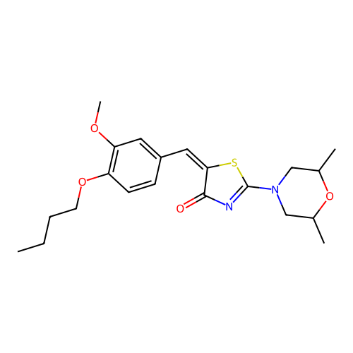 (5E)-5-[(4-butoxy-3-methoxyphenyl)methylidene]-2-(2,6-dimethylmorpholin-4-yl)-1,3-thiazol-4-one structure