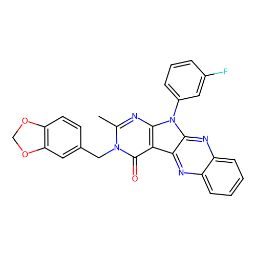 3-(1,3-benzodioxol-5-ylmethyl)-11-(3-fluorophenyl)-2-methyl-3,11-dihydro-4H-pyrimido[5',4':4,5]pyrrolo[2,3-b]quinoxalin-4-one structure