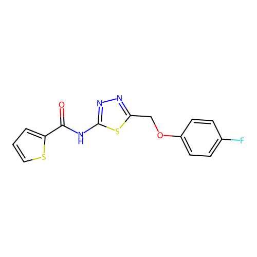 N-(5-((4-fluorophenoxy)methyl)-1,3,4-thiadiazol-2-yl)thiophene-2-carboxamide structure