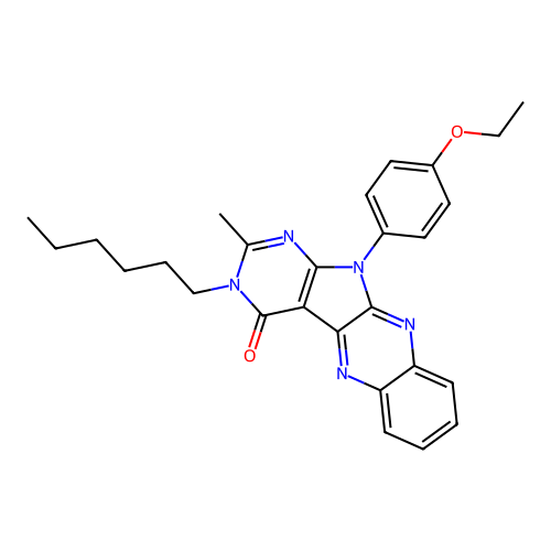 11-(4-ethoxyphenyl)-3-hexyl-2-methyl-3H-pyrimido[5',4':4,5]pyrrolo[2,3-b]quinoxalin-4(11H)-one structure