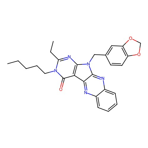 11-(1,3-benzodioxol-5-ylmethyl)-2-ethyl-3-pentyl-3,11-dihydro-4H-pyrimido[5',4':4,5]pyrrolo[2,3-b]quinoxalin-4-one structure