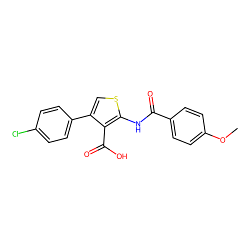 4-(4-Chlorophenyl)-2-(4-methoxybenzamido)thiophene-3-carboxylic acid structure